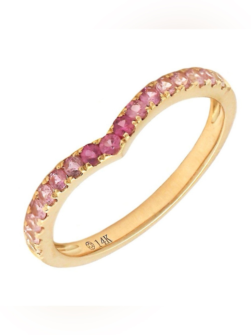 14K Real Solid Yellow Gold Natural Pink Sapphire and White Sapphire "V" Ring